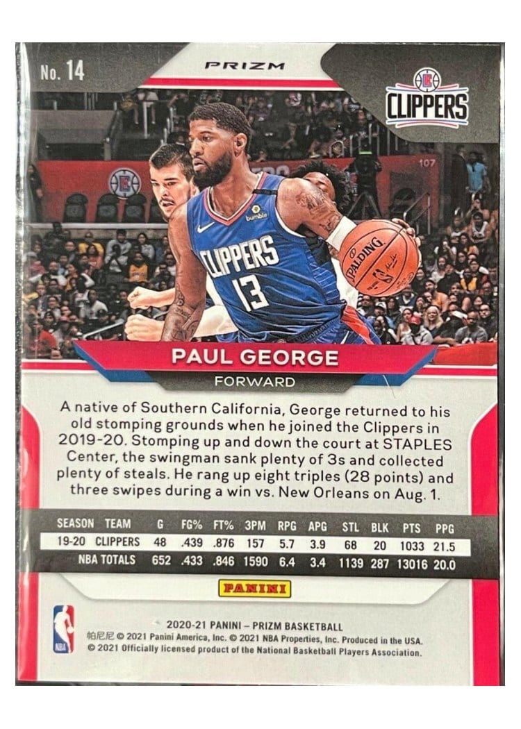 2020-21 Panini Prizm Base Set Paul George #14 card