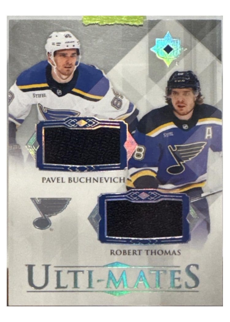 2023-24 Upper Deck Ultimate Collection Ulti-Mates Dual Jersey Pavel Buchnevich/Robert Thomas #UTM-BT card