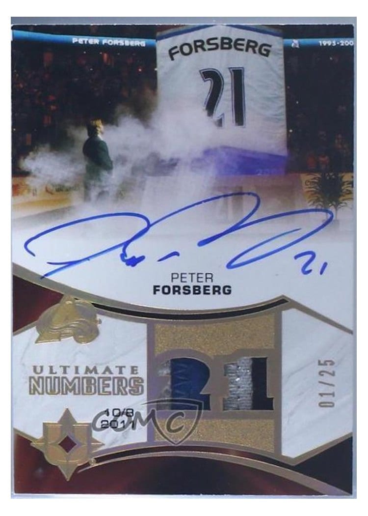 2021-22 Upper Deck Ultimate Collection 2020 Update - Ultimate Numbers Patch Autograph Peter Forsberg #UN-PF card