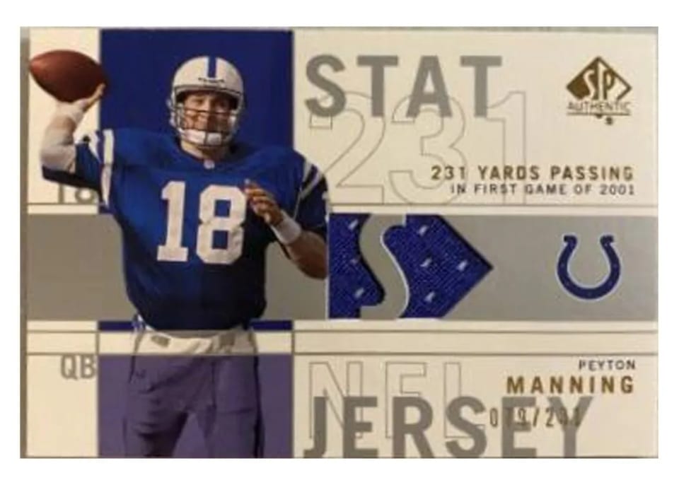 2001 SP Authentic Stat Jerseys Peyton Manning 231 Yards Passing #SP-PM card