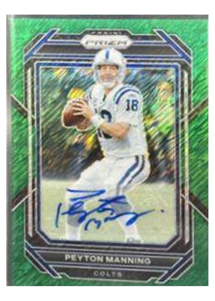 2022 Panini Prizm Base Set Peyton Manning Autograph Green Shimmer #129 card