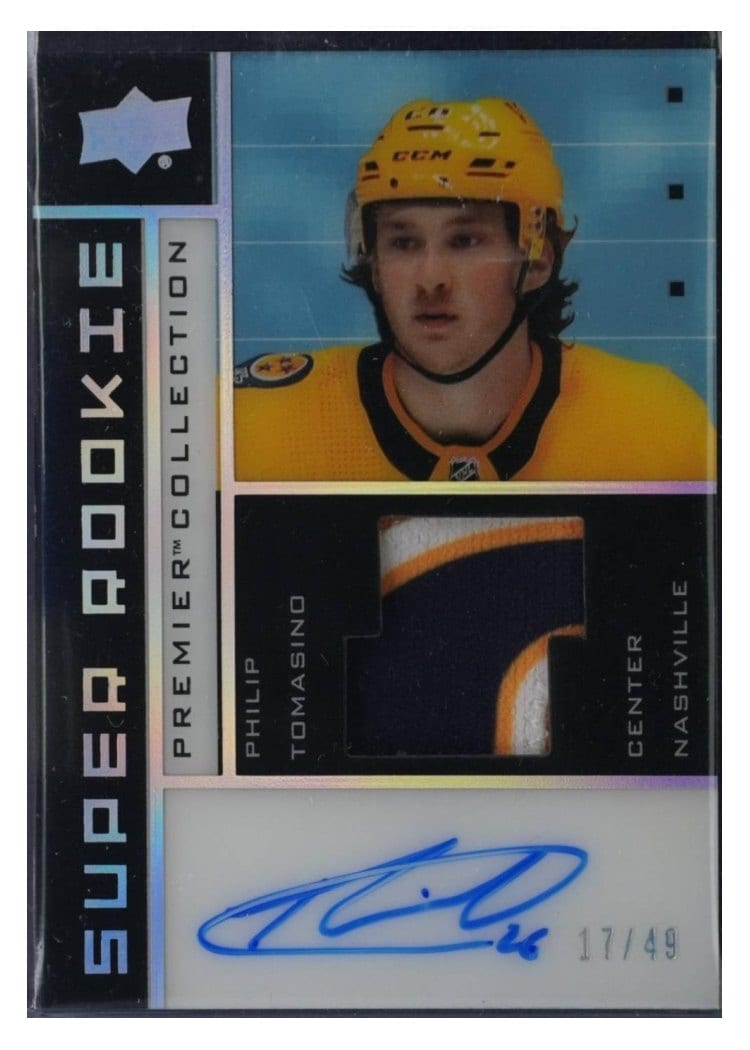 2021-22 Upper Deck Premier 2002-03 Super Rookie Autograph Patch Philip Tomasino #SRR-PT card