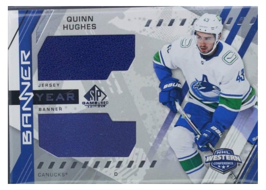 2021-22 SP Game Used 2021 NHL Western Conference Banner Year Jersey Relics Quinn Hughes #BYA-QH card
