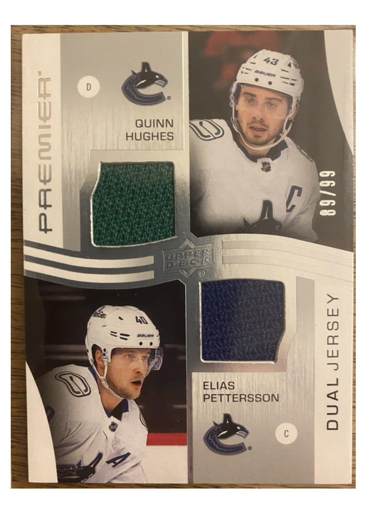 2023-24 Upper Deck Premier Premier Dual Jerseys Quinn Hughes/Elias Pettersson #PD-QHEP card