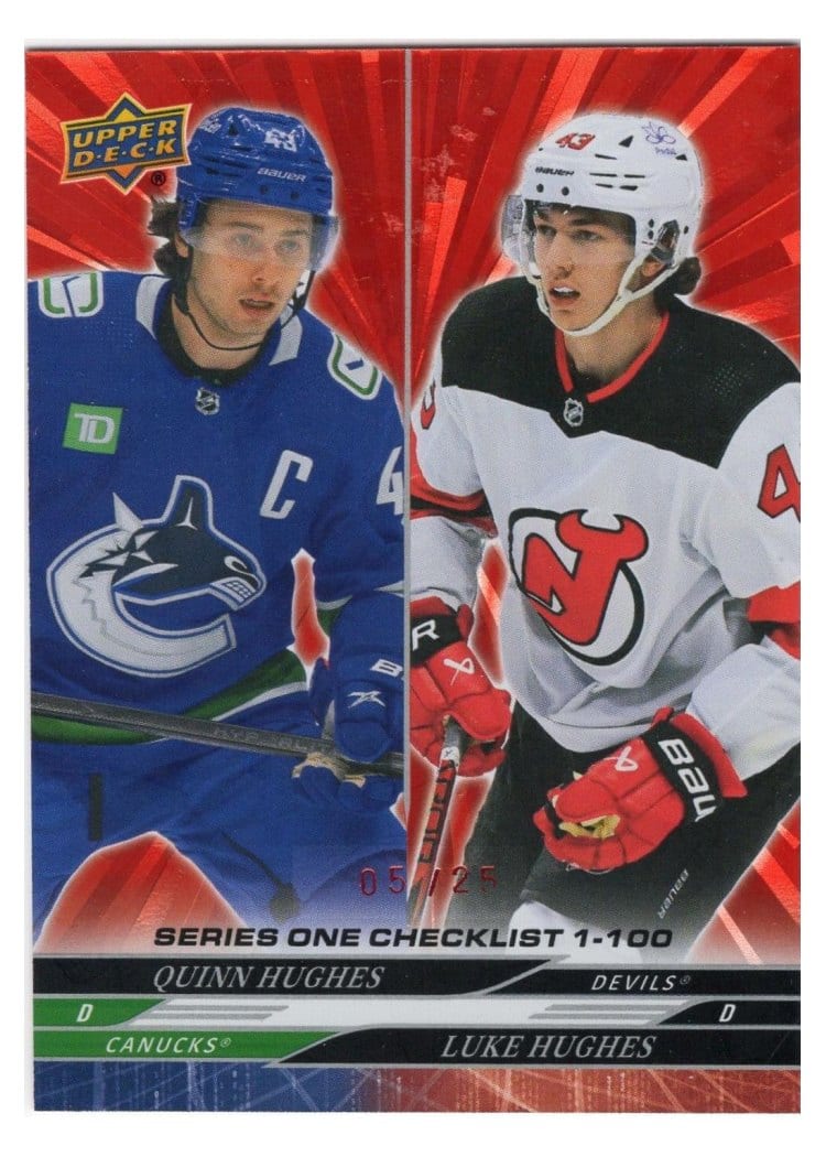2024-25 Upper Deck Base Set Quinn Hughes / Luke Hughes Outburst Red #199 card