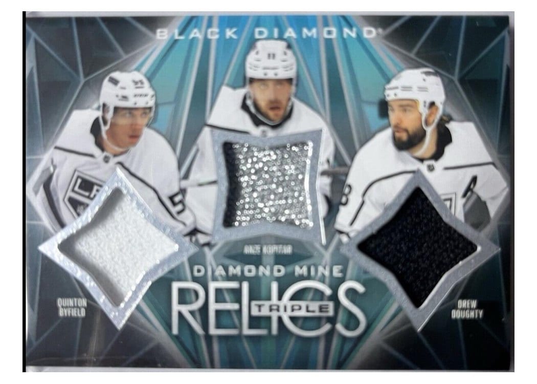 2024-25 Upper Deck Black Diamond Diamond Mine Triple Relics Quinton Byfield/Anze Kopitar/Drew Doughty #DMTR-BKD card