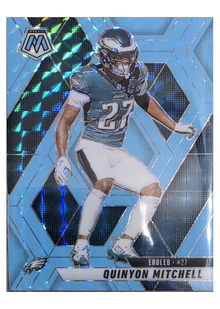 2025 Panini Mosaic Base Set Quinyon Mitchell Blue Fluorescent #72 card