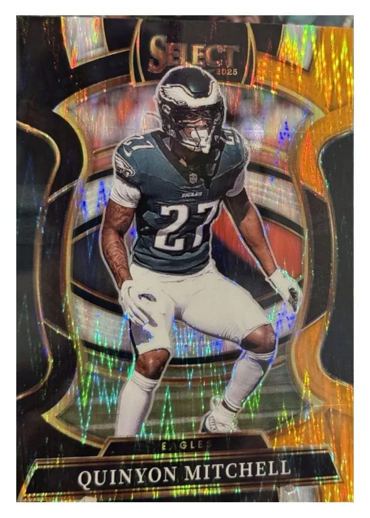 2025 Panini Select Base Set Quinyon Mitchell Black Orange Prizm Shock #92 card