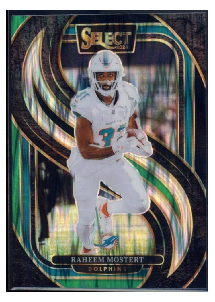 2024 Panini Select Base Set Raheem Mostert Black Green Prizm Shock #188 card