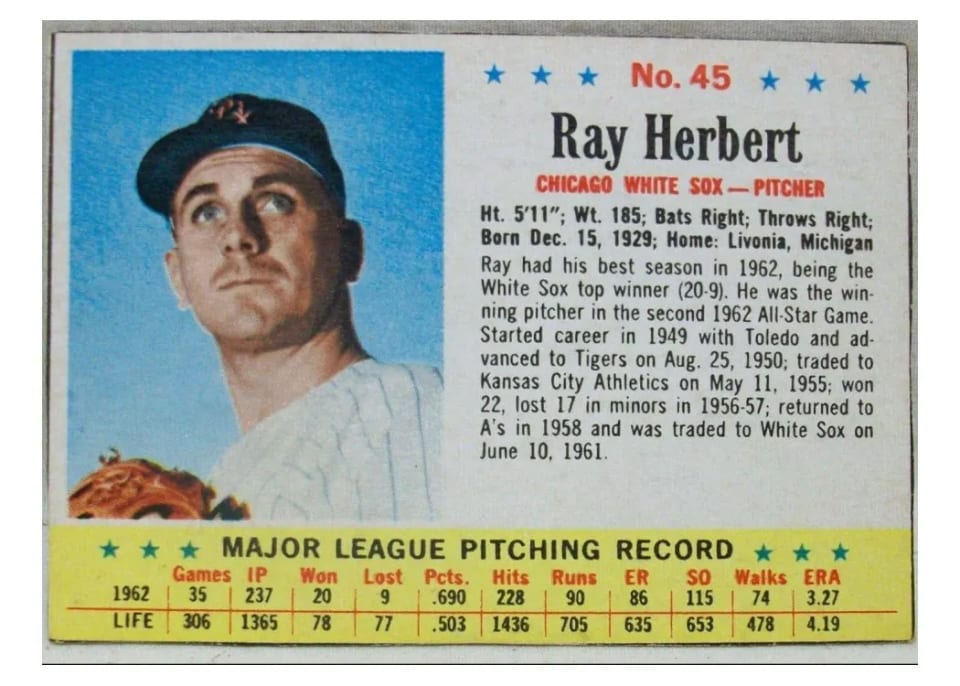 1963 Post Cereal Ray Herbert #45 card