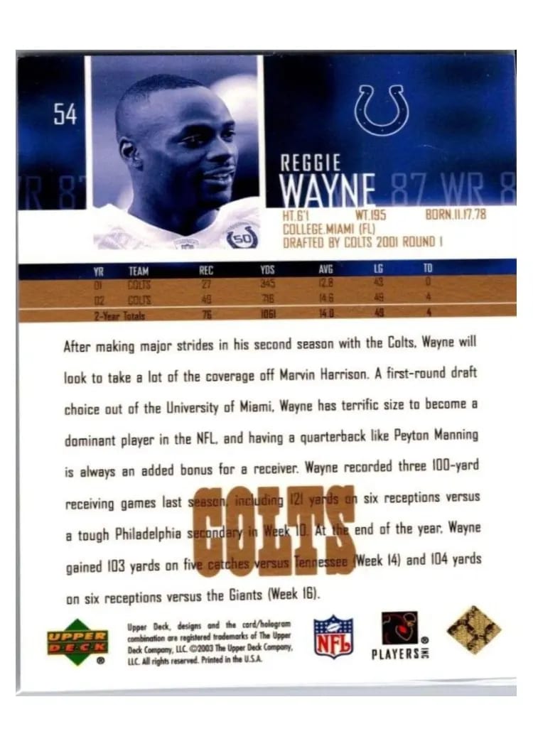 2003 Upper Deck Reggie Wayne #54 card