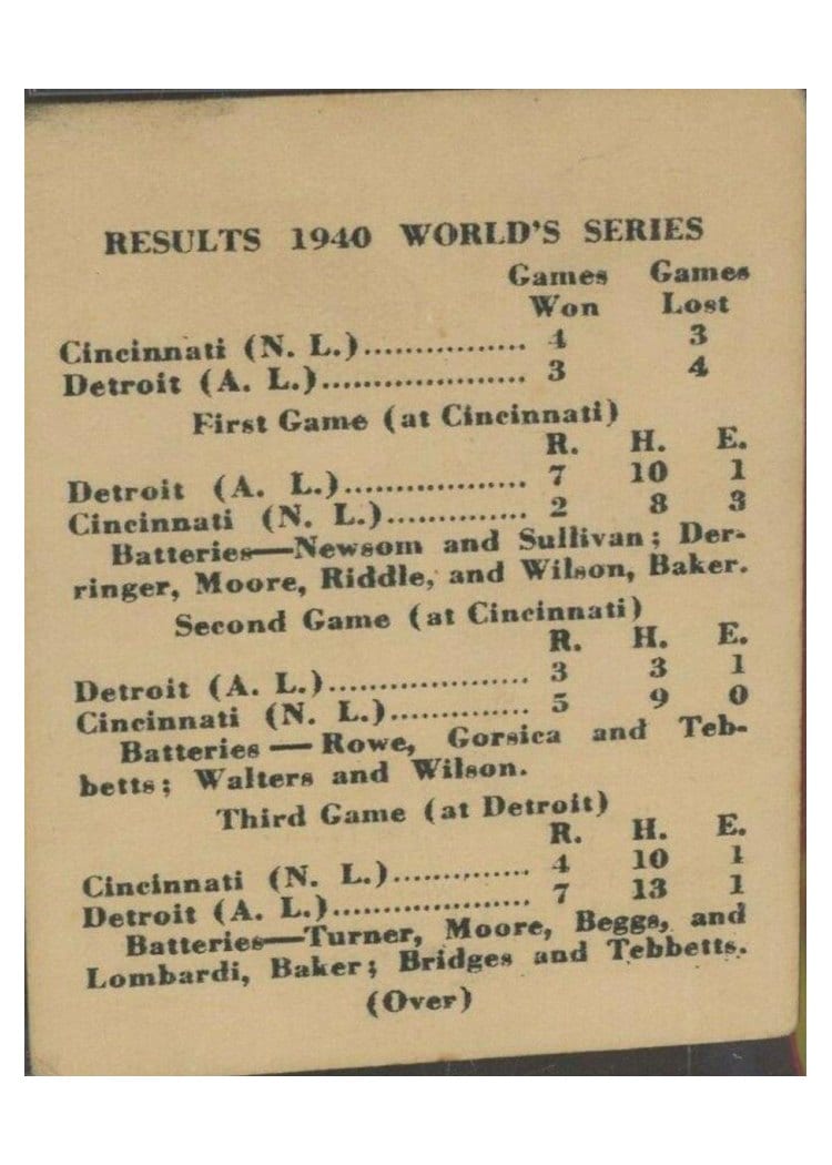 1940 Cincinnati Reds Team Issue Results 1940 card