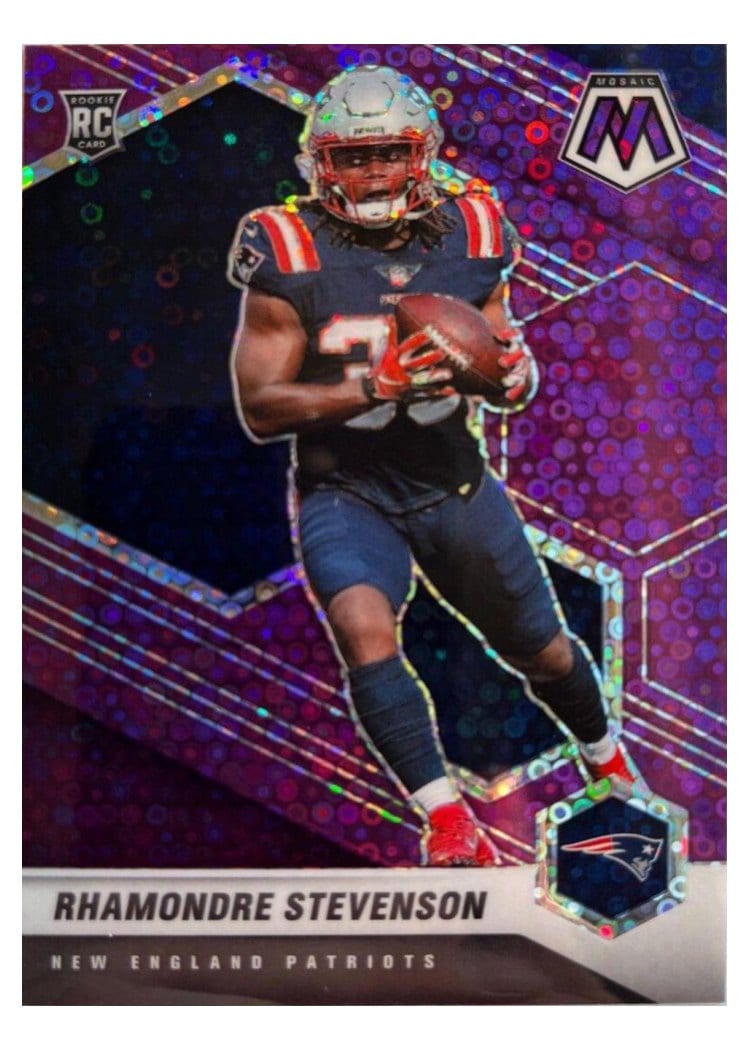 2021 Panini Mosaic Base Set Rhamondre Stevenson No Huddle Purple Mosaic #337 card