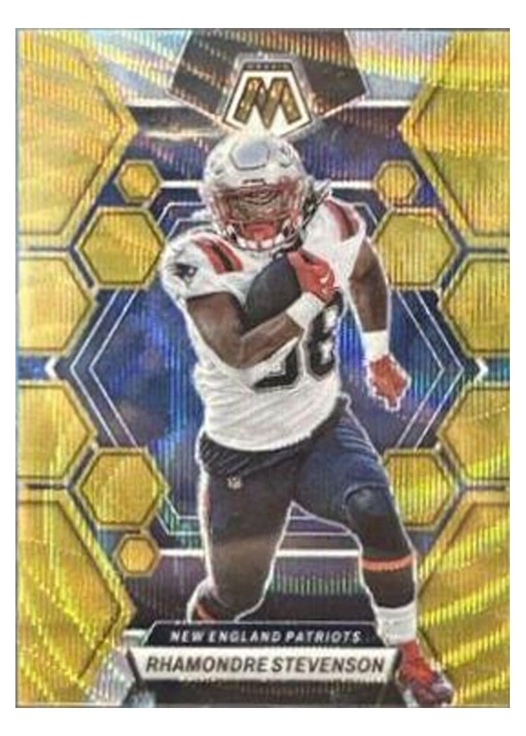 2023 Panini Mosaic Base Set Rhamondre Stevenson Gold Wave #161 card