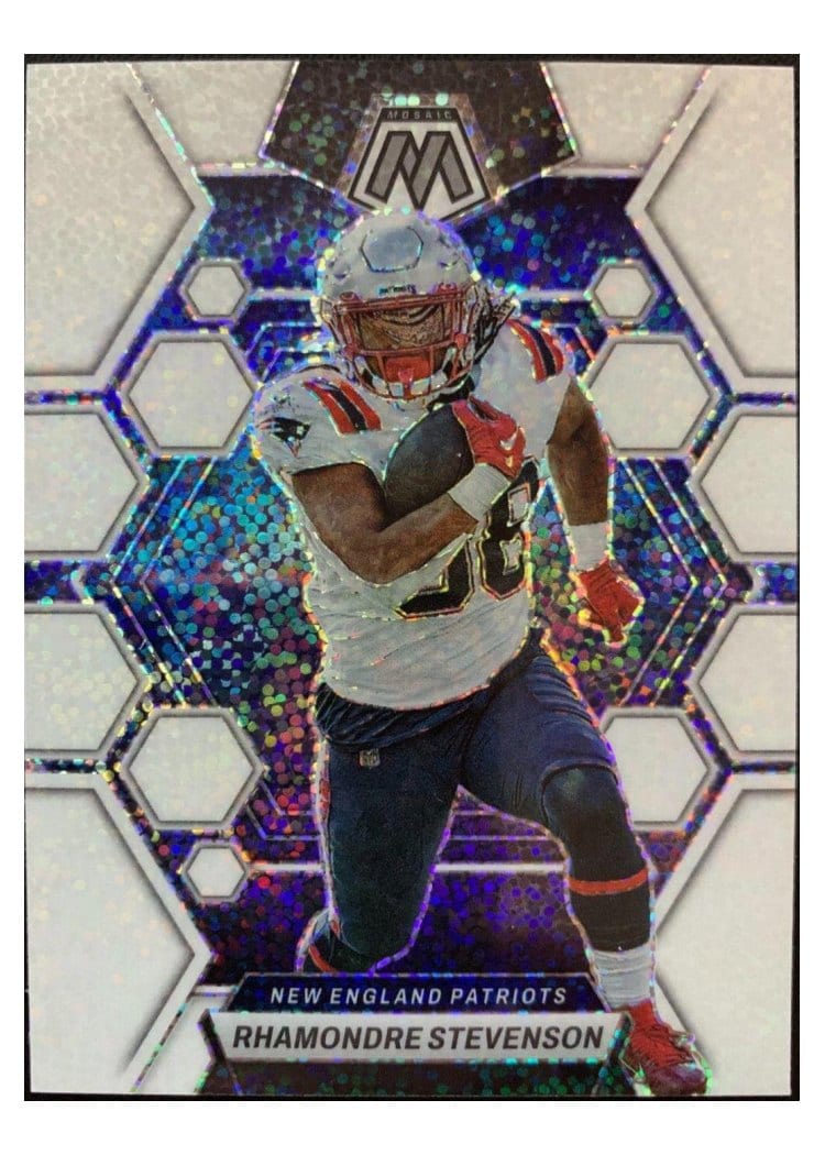 2023 Panini Mosaic Base Set Rhamondre Stevenson White Sparkle #161 card