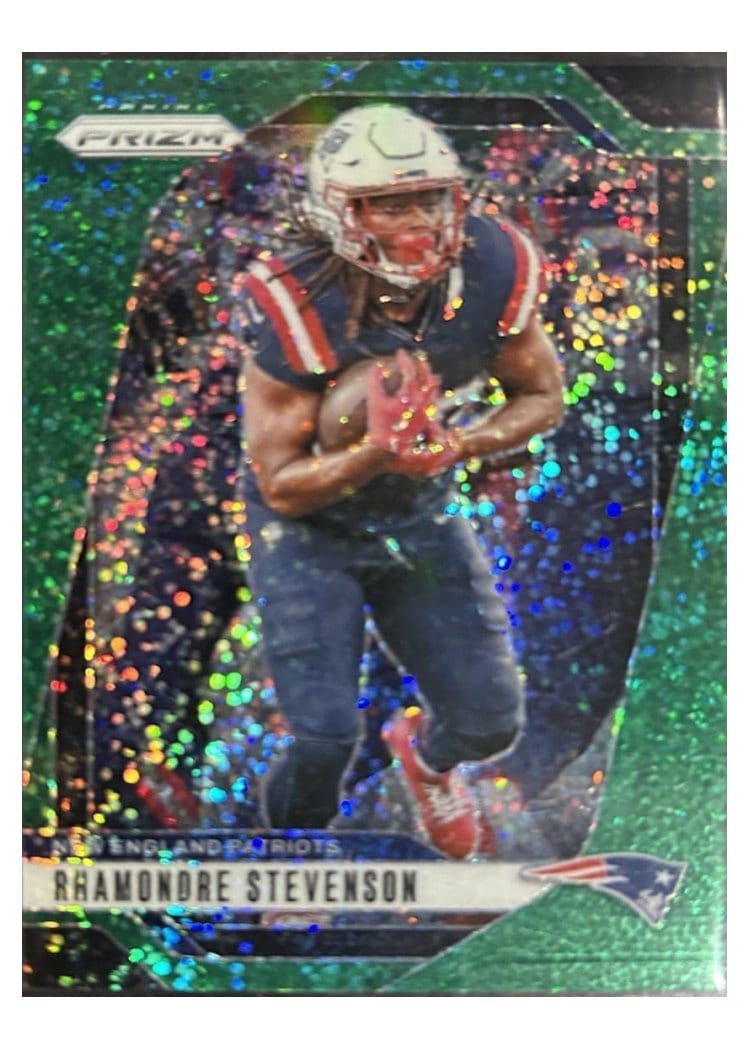 2024 Panini Prizm Base Set Rhamondre Stevenson Green Sparkle #195 card