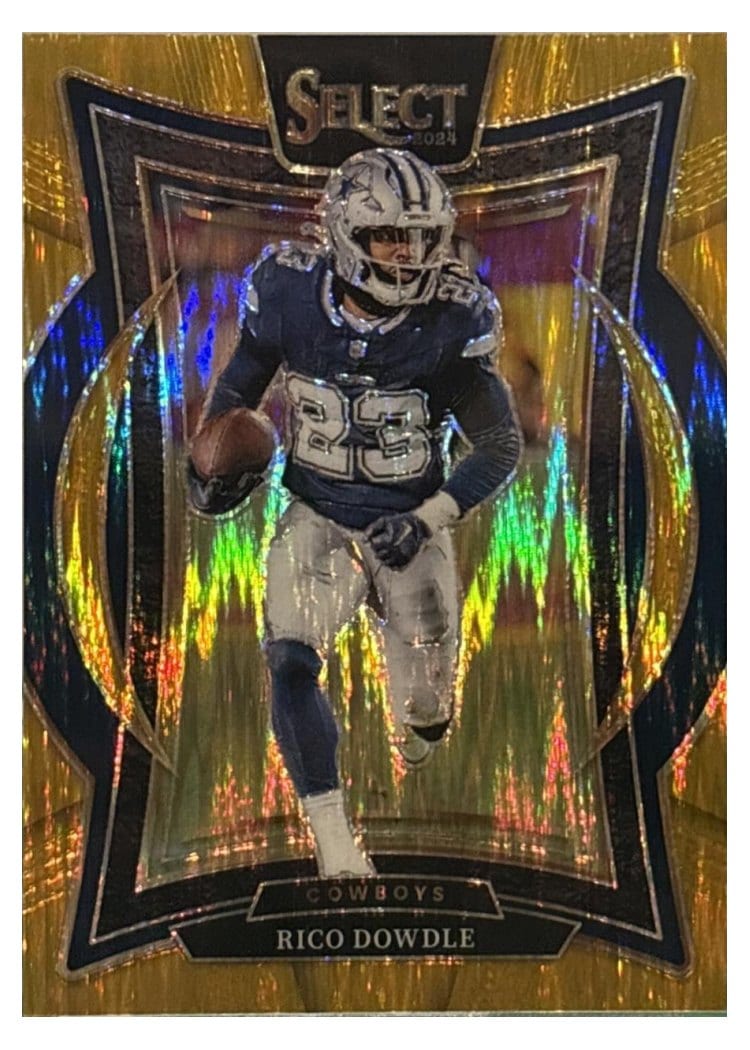 2024 Panini Select Base Set Rico Dowdle Gold Prizm Shock #90 card