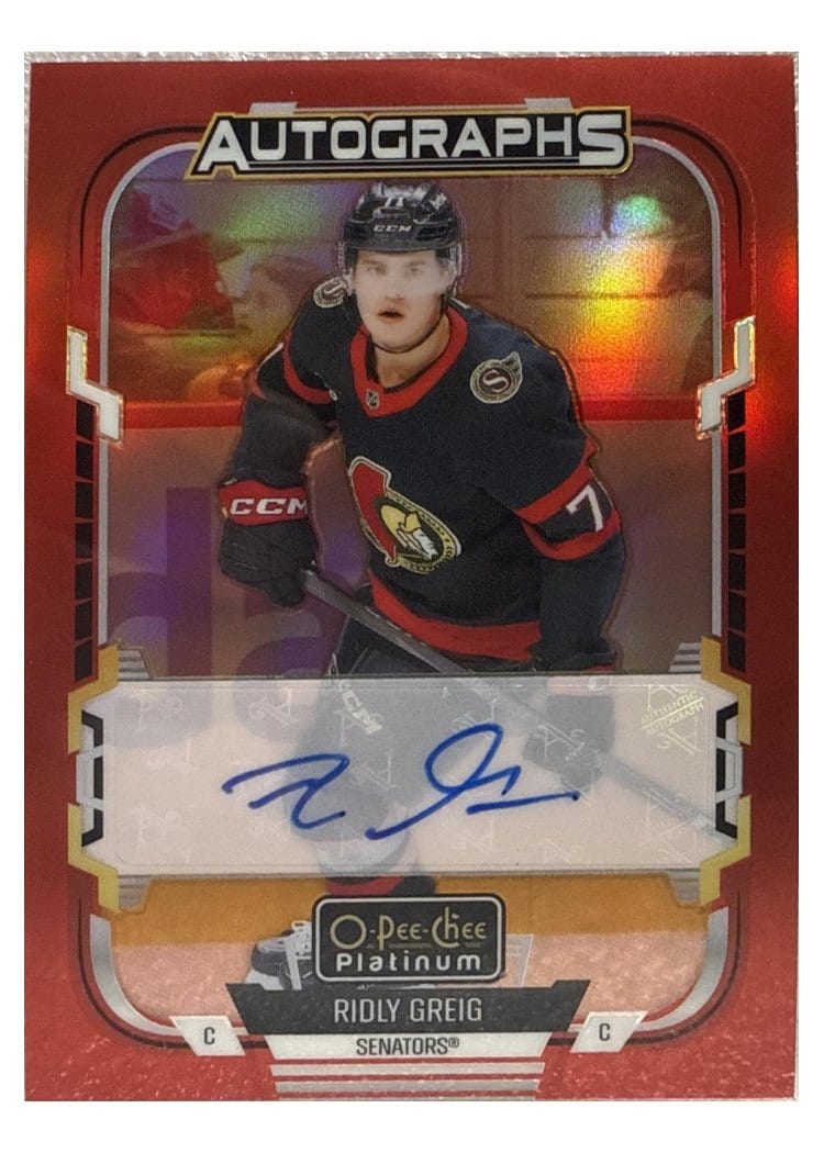 2025-26 O-Pee-Chee Platinum Red Rainbow Autos Ridly Greig #RA-RG card
