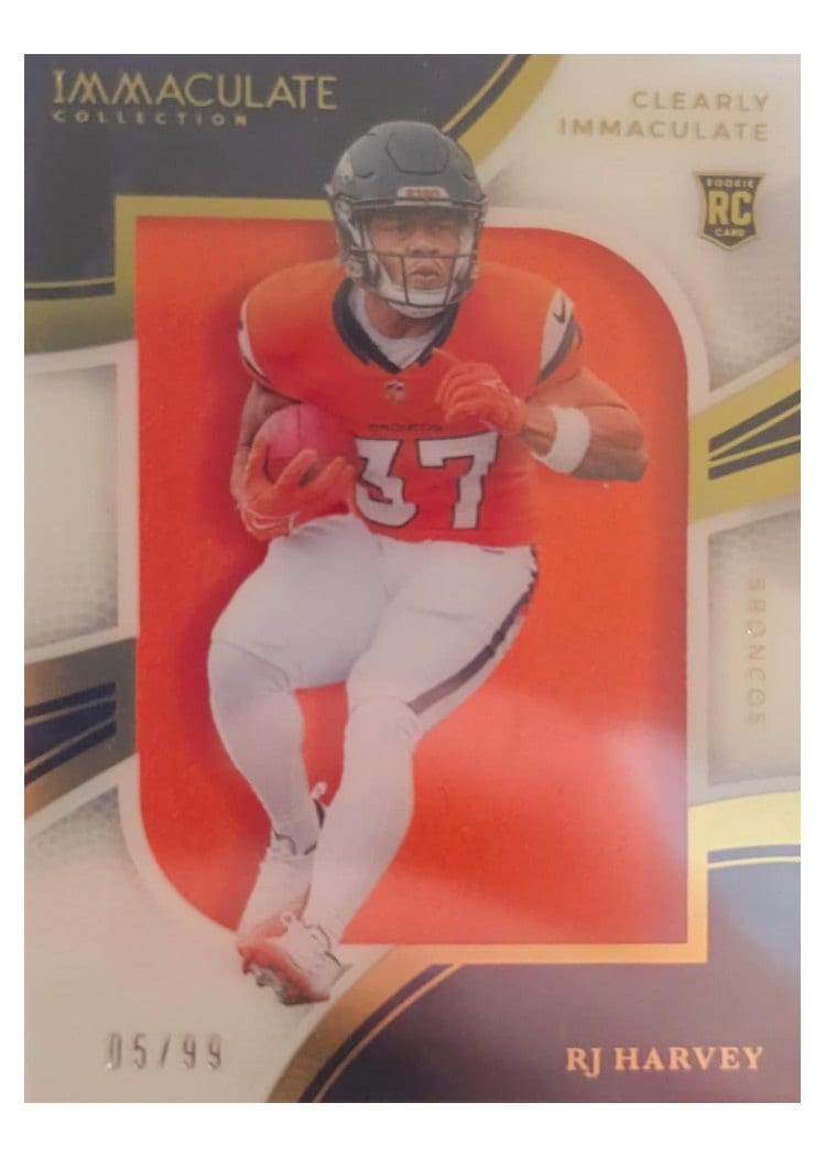 2025 Panini Immaculate Clearly Immaculate Rookie Jerseys RJ Harvey #29 card