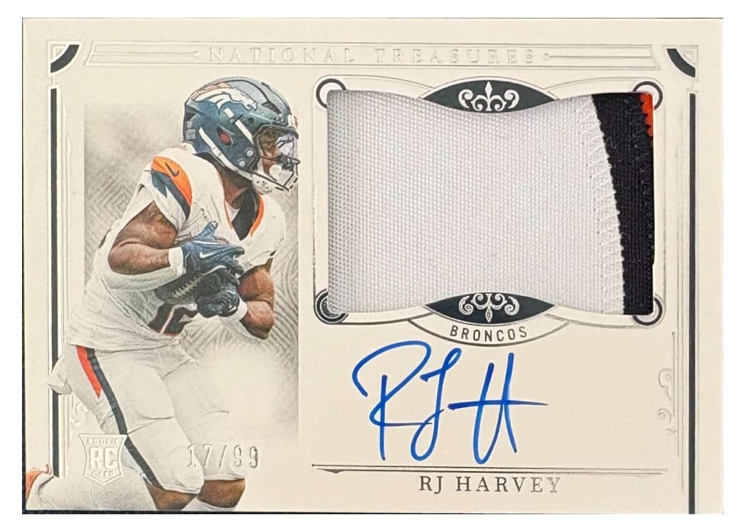 2025 Panini National Treasures Rookie Patch Autographs RJ Harvey #173 card