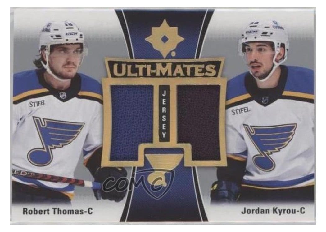2022-23 Upper Deck Ultimate Collection Ulti-Mates Jersey Robert Thomas/Jordan Kyrou #UTM-KT card