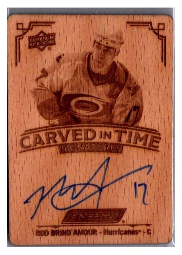 2023-24 Upper Deck Engrained Carved in Time Manufactured Wood Signatures Rod Brind`Amour #CT-28 card