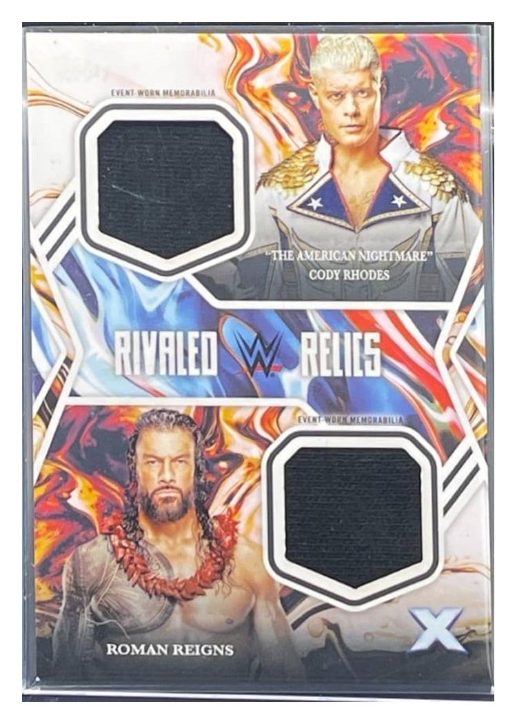2025 Topps Exalted WWE Wrestling Rivaled Relics Roman Reigns/"The American Nightmare" Cody Rhodes #RR-RR card