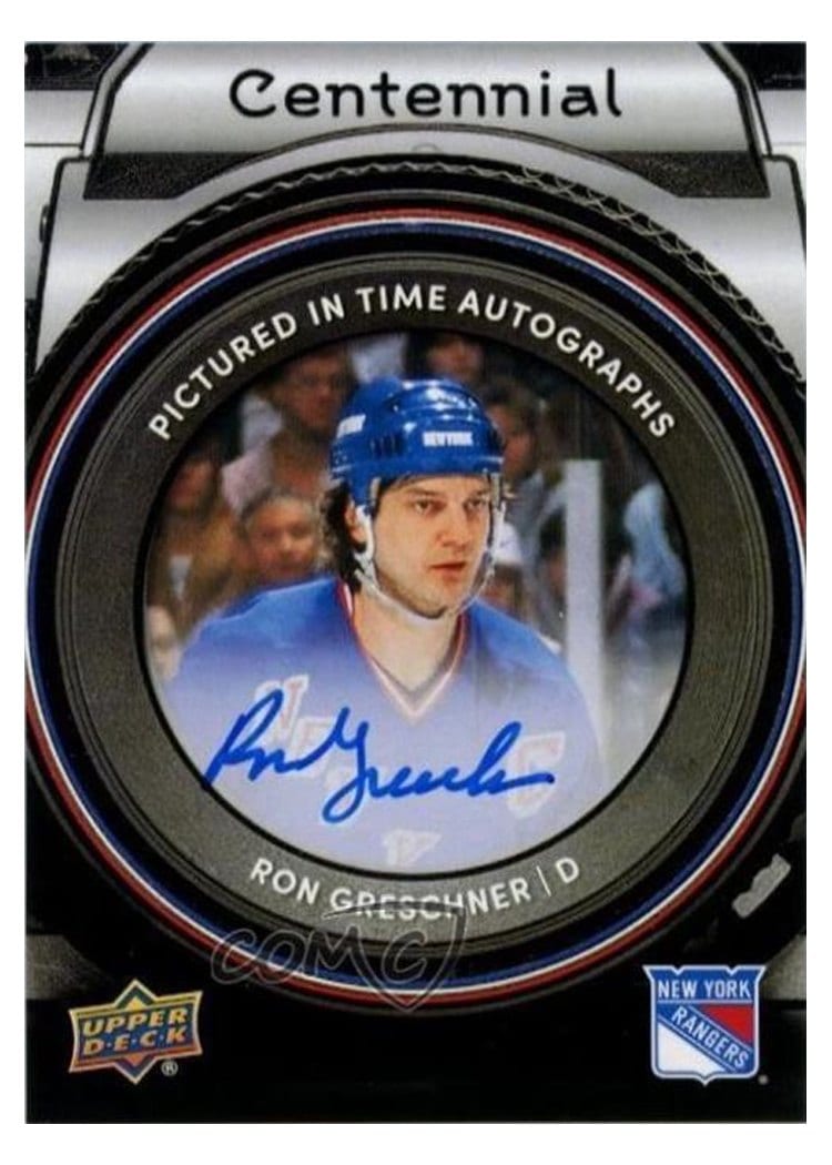 2025-26 Upper Deck New York Rangers Centennial Pictured In Time Autographs Ron Greschner #PIT-RG card