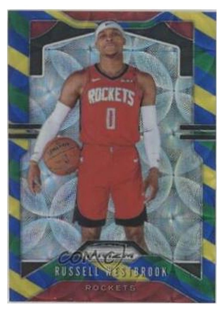 2019-20 Panini Prizm Base Set Russell Westbrook Blue, Yellow, and Green Choice Prizm #182 card