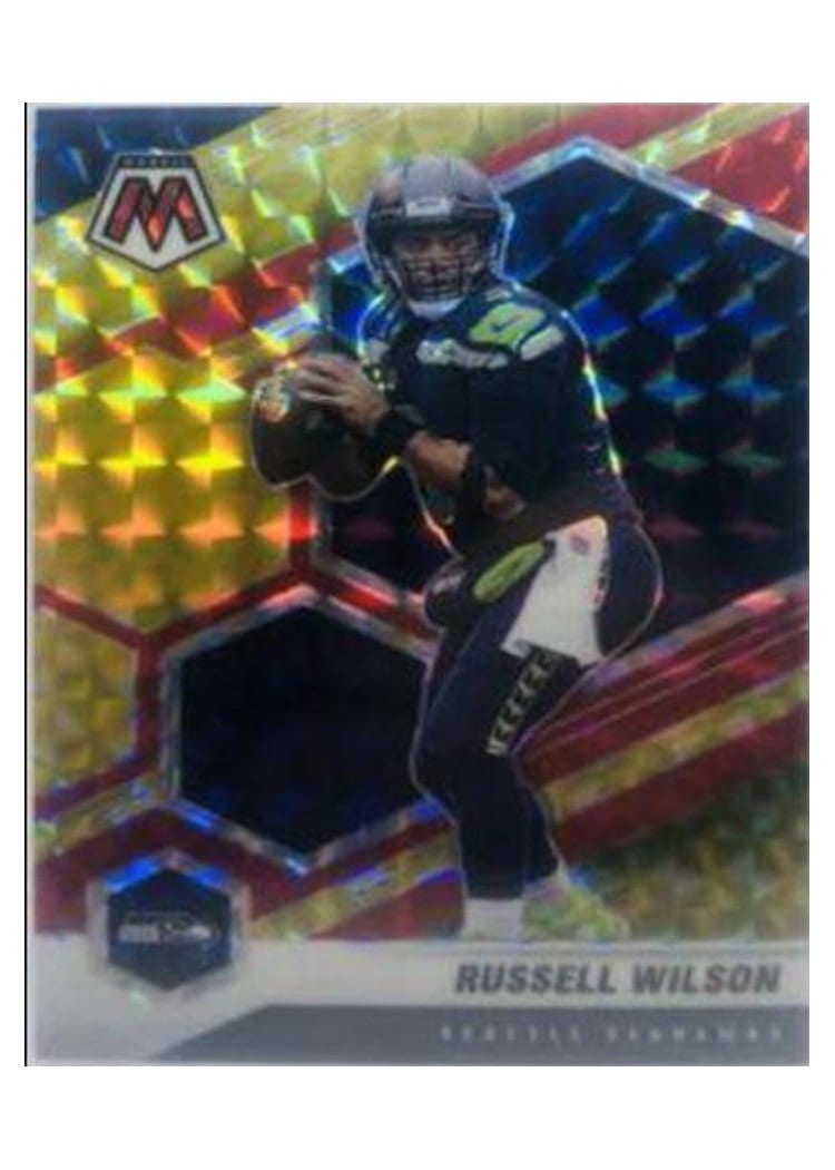 2021 Panini Mosaic Base Set Russell Wilson Choice Fusion Red & Yellow #179 card