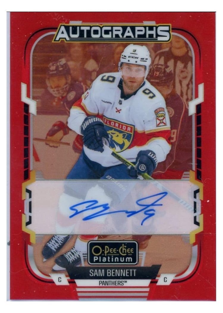 2025-26 O-Pee-Chee Platinum Red Rainbow Autos Sam Bennett #RA-SB card