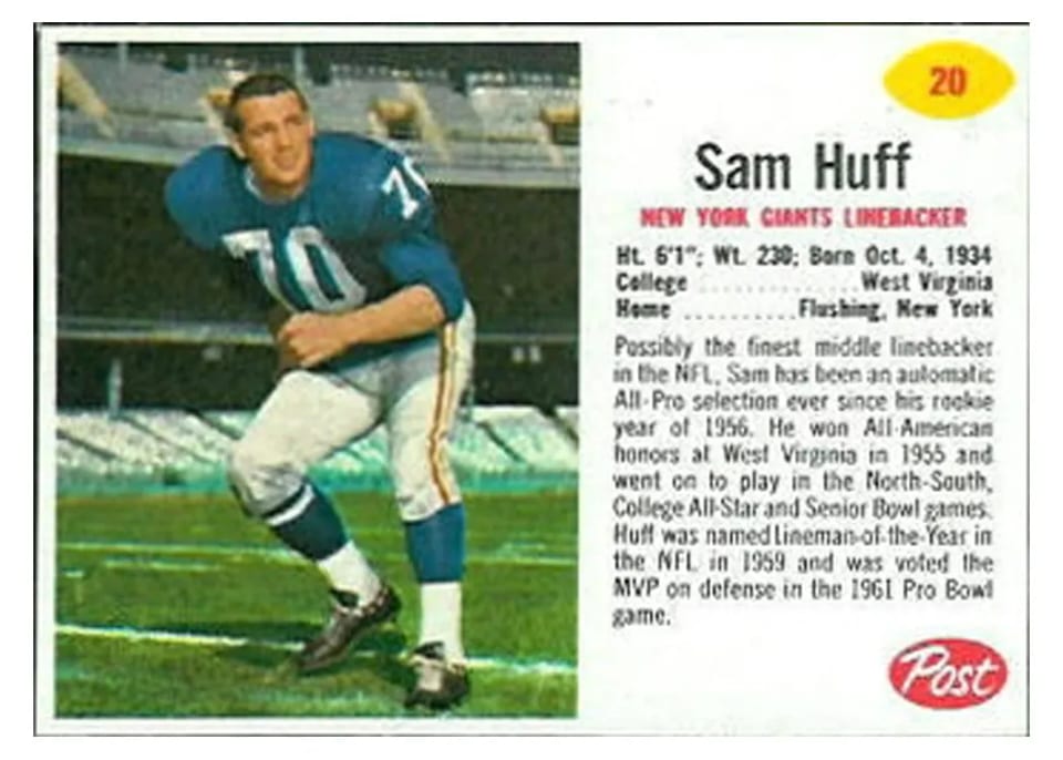 1962 Post Cereal Sam Huff #20 card