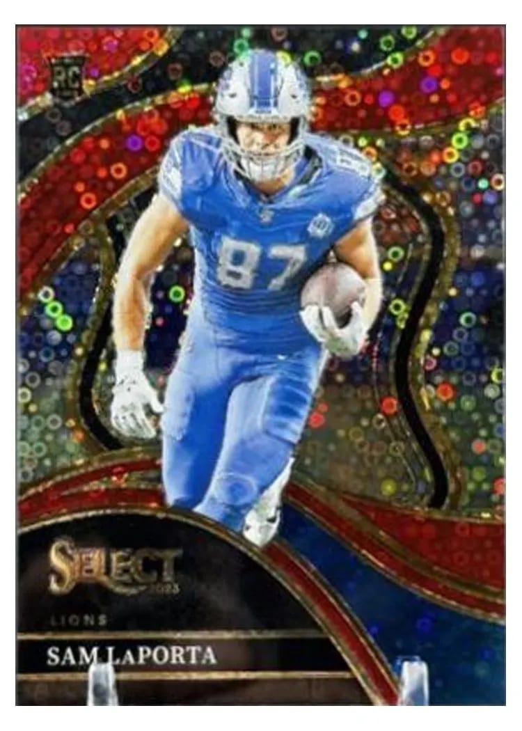 2023 Panini Select Base Set Sam LaPorta Disco Red Prizm #221 card