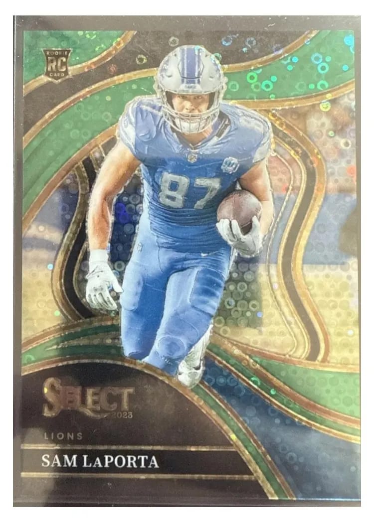 2023 Panini Select Base Set Sam LaPorta Disco Green Prizm #221 card