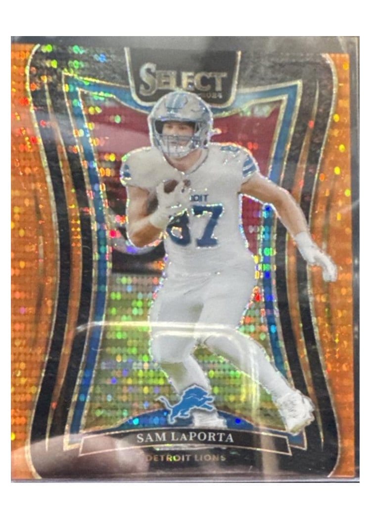 2024 Panini Select Base Set Sam LaPorta Neon Orange Pulsar Prizm #374 card