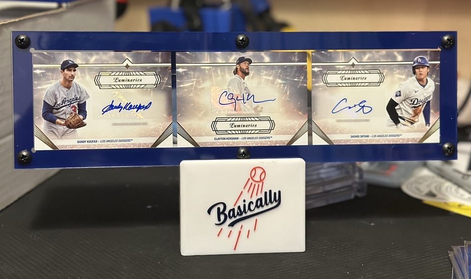 Sandy Koufax / Clayton Kershaw / Shohei Ohtani 2024 Topps Luminaries Guiding Light Triple Autograph Book card