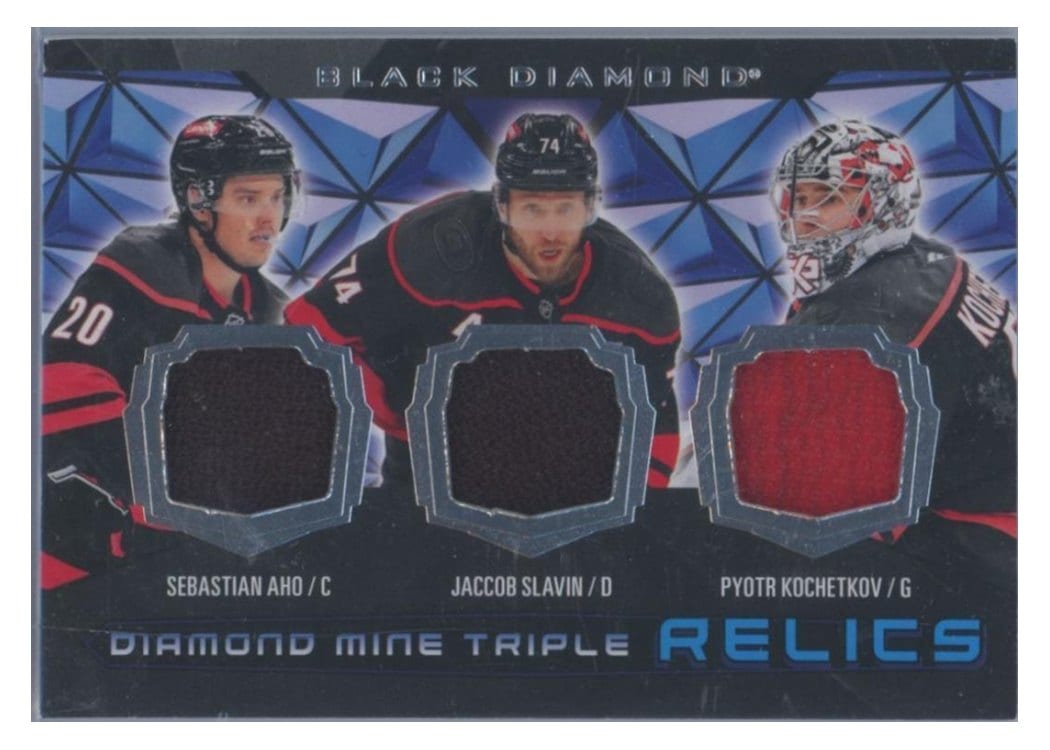 2025-26 Upper Deck Black Diamond Diamond Mine Triple Relics Sebastian Aho/Jaccob Slavin/Pyotr Kochetkov #DMTR-ASK card
