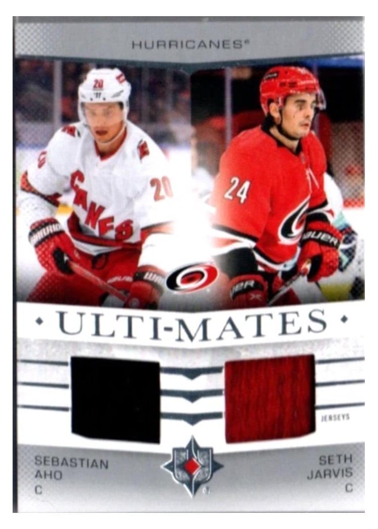 2024-25 Upper Deck Ultimate Collection Ulti-Mates Jersey Sebastian Aho/Seth Jarvis #UTM-AJ card