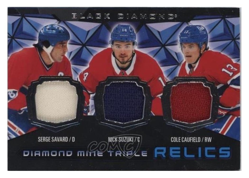 2025-26 Upper Deck Black Diamond Diamond Mine Triple Relics Serge Savard/Nick Suzuki/Cole Caufield #DMTR-SSC card