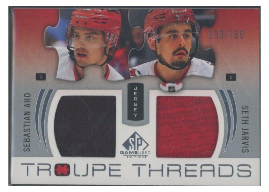 2025-26 SP Game Used Troupe Threads Seth Jarvis/Sebastian Aho #TT-AJ card