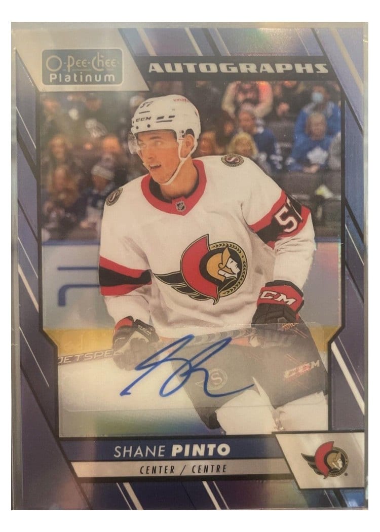 2023-24 O-Pee-Chee Platinum Blue Rainbow Autos Shane Pinto #BA-SP card
