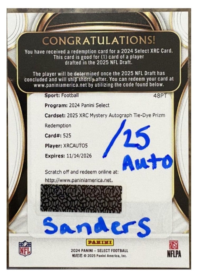 2024 Panini Select 2025 XRC Mystery Autograph Prizm Redemption Shedeur Sanders #525 card