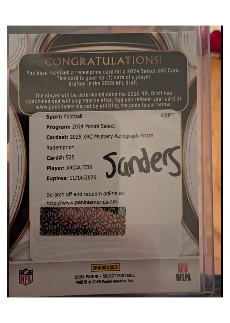 2024 Panini Select 2025 XRC Mystery Autograph Prizm Redemption Shedeur Sanders #525 card