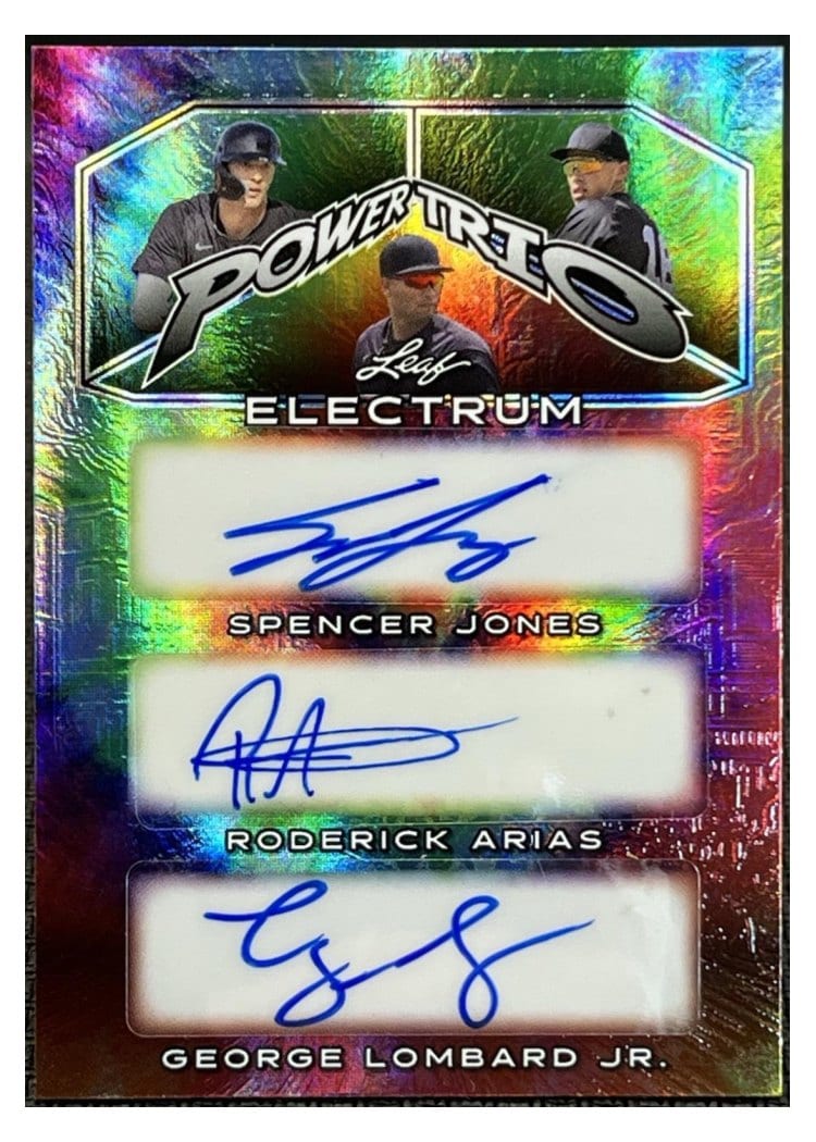 2024 Leaf Electrum Baseball Power Trio Spencer Jones / Roderick Arias / George Lombard Jr. #PT-3 card