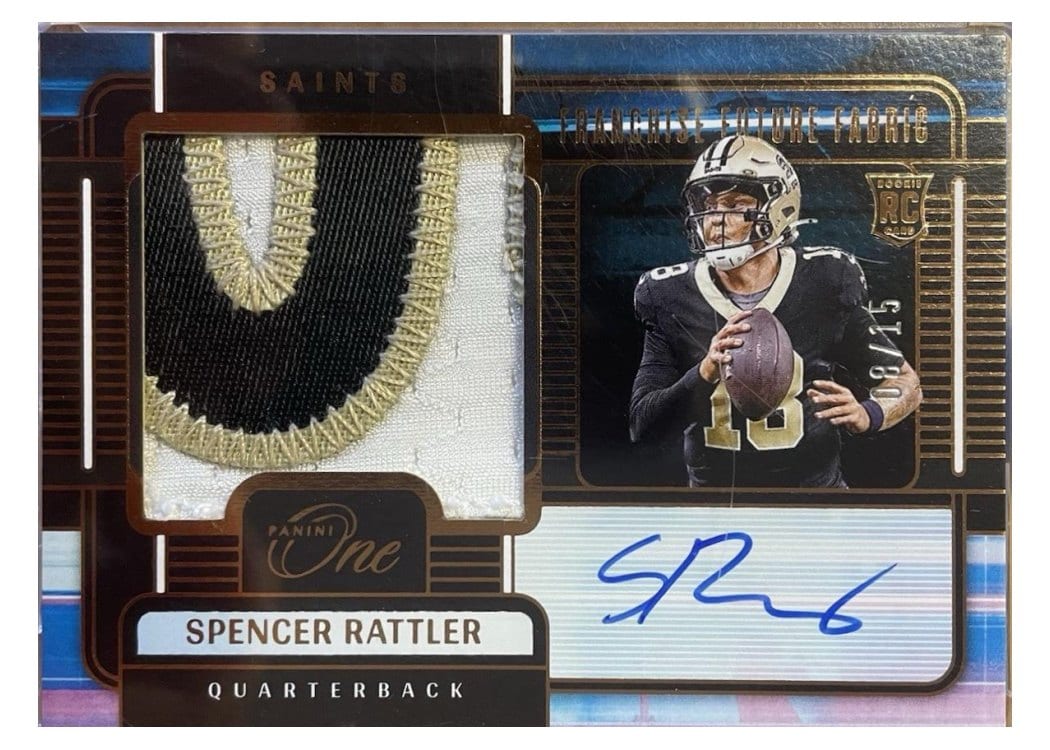 2024 Panini One Franchise Future Fabric Autographs Spencer Rattler #93 card