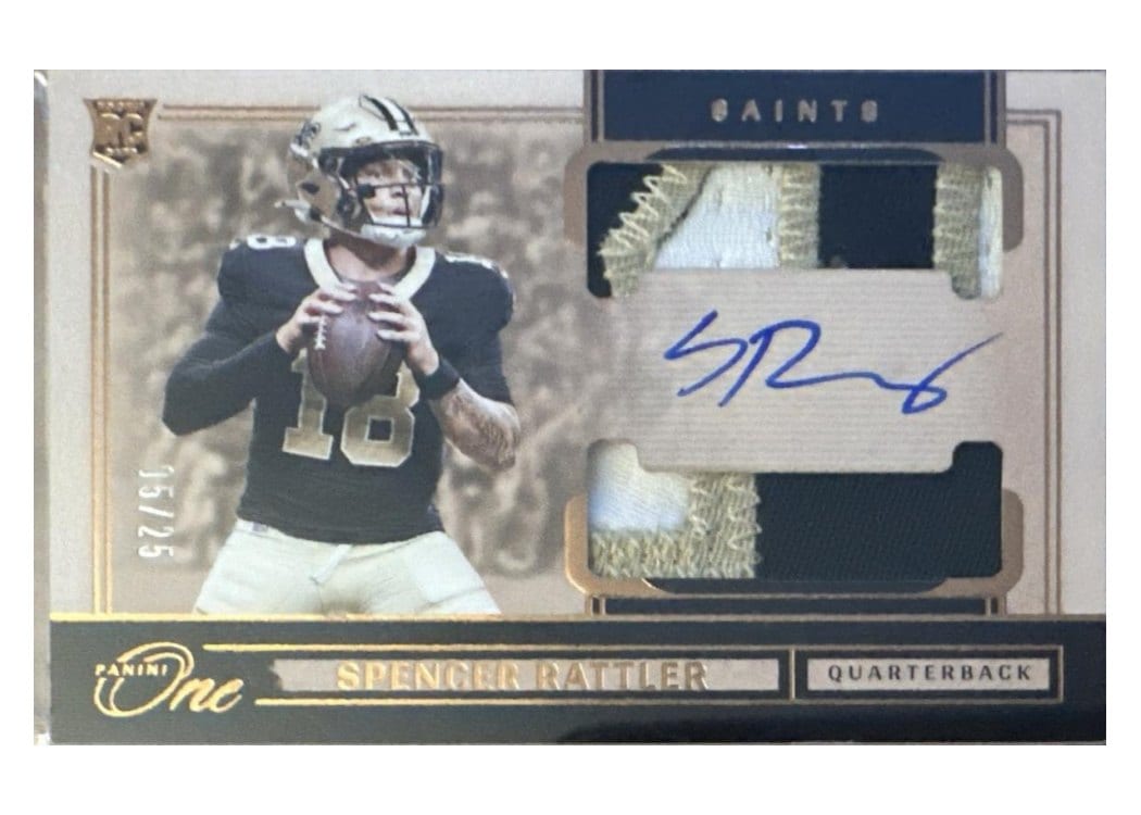 2024 Panini One Rookie Dual Patch Autographs Spencer Rattler #49 card