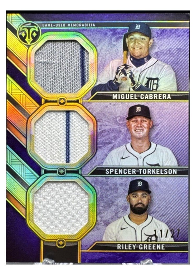 2024 Topps Triple Threads Relic Combo Spencer Torkelson / Riley Greene / Miguel Cabrera #RCC-CTG card
