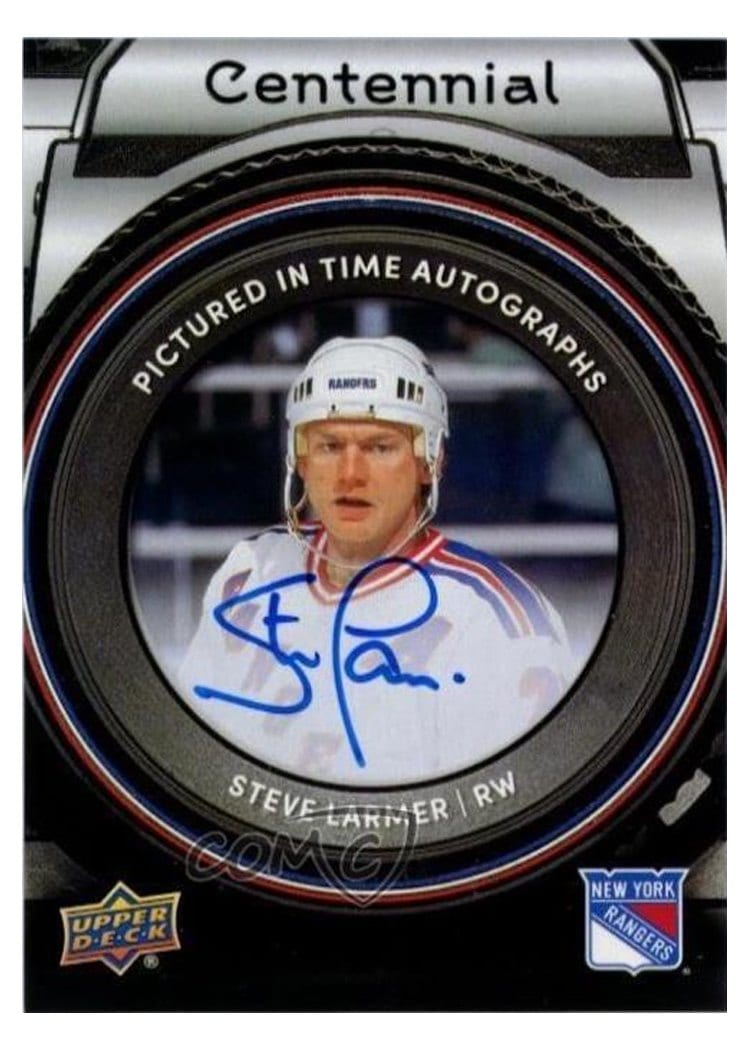 2025-26 Upper Deck New York Rangers Centennial Pictured In Time Autographs Steve Larmer #PIT-SL card