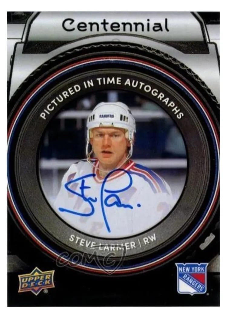 2025-26 Upper Deck New York Rangers Centennial Pictured In Time Autographs Steve Larmer #PIT-SL card