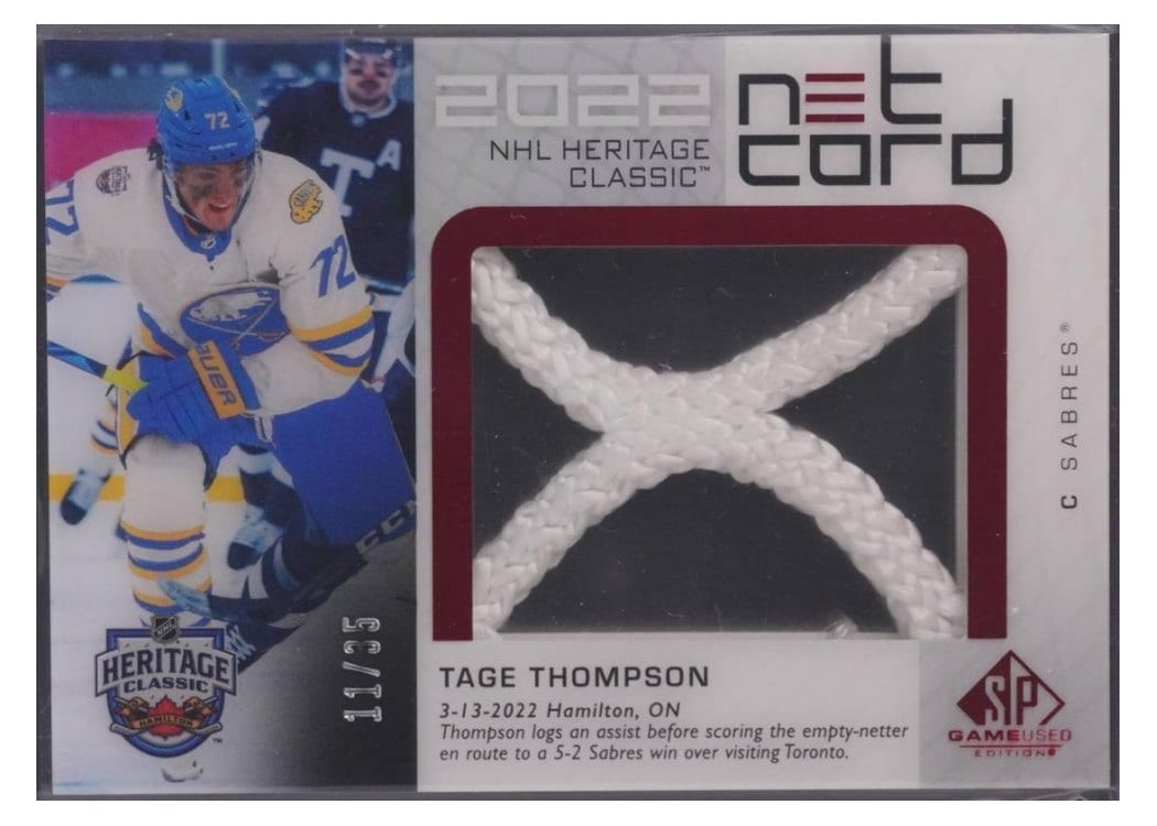 2022-23 SP Game Used 2022 NHL Heritage Classic Net Cord Relics Tage Thompson #HCN-TT card